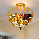 Tiffany Cut Glass Semi - Flush Ceiling Light With Brass Finish For Bedrooms - 2/3 Lights 2 /