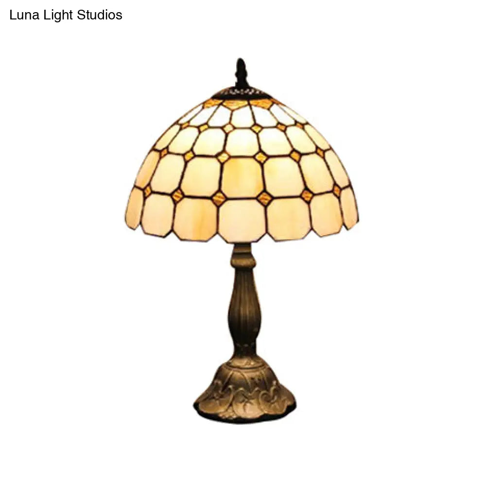 Tiffany Desk Lamp With Bead Glass Single Light - 12/8 Wide Lattice Bowl Design White For Office Or
