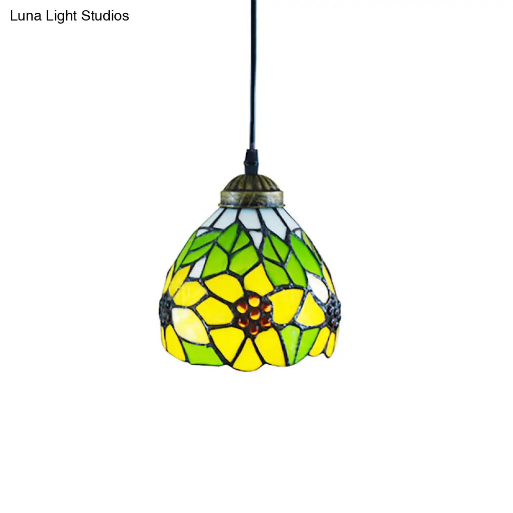 Tiffany Dome Pendant Lamp - Green Handcrafted Stained Glass Light Fixture With Sunflower Pattern