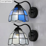 Tiffany Dome Wall Sconce Light Stained Glass 1-Light Bathroom Fixture In White/Blue
