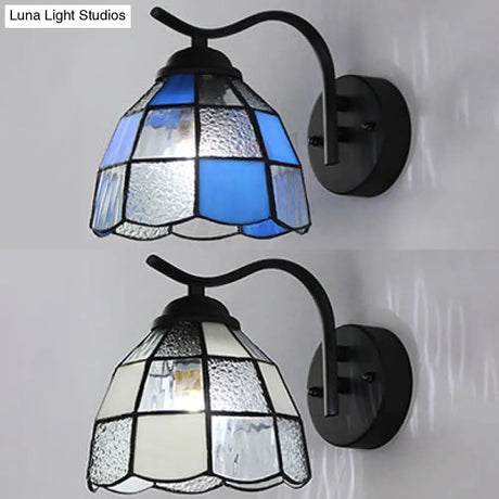 Tiffany Dome Wall Sconce Light Stained Glass 1-Light Bathroom Fixture In White/Blue