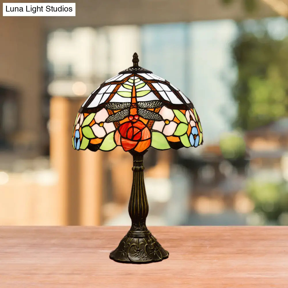 Tiffany Dragonfly Nightstand Lamp With Colorful Bowl Shade