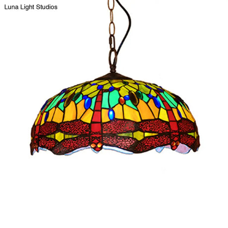 Tiffany Dragonfly Pendant Ceiling Light - 1-Light Stained Glass Fixture In Red/Yellow/Blue For