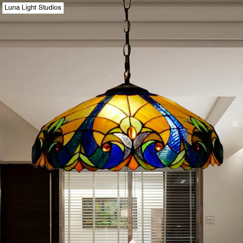 Tiffany Flared Ceiling Lamp - 4-Head Stained Art Glass Hanging Light Kit In Yellow/Blue For Bedrooms