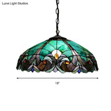 Tiffany Flared Ceiling Lamp - 4-Head Stained Art Glass Hanging Light Kit In Yellow/Blue For Bedrooms