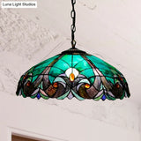 Tiffany Flared Ceiling Lamp - 4-Head Stained Art Glass Hanging Light Kit In Yellow/Blue For Bedrooms