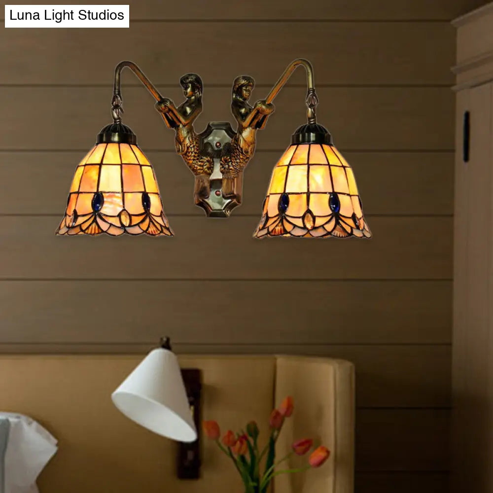 Tiffany Flared Shell Sconce Light With Mermaid Design - 2 Heads Beige Wall Mounted For Bedroom