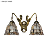 Tiffany Flared Shell Sconce Light With Mermaid Design - 2 Heads Beige Wall Mounted For Bedroom