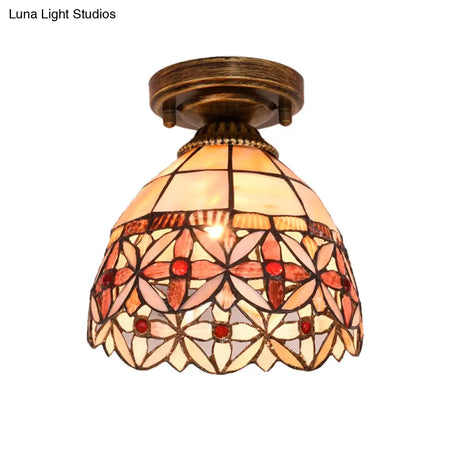 Tiffany Floral Bell Ceiling Light Fixture In Beige/Red - White/Pink For Living Room