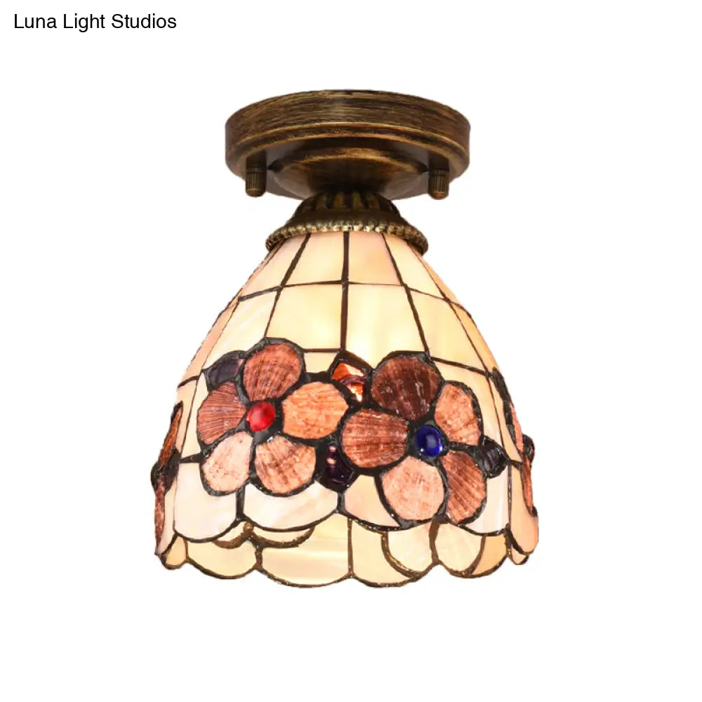 Tiffany Floral Bell Ceiling Light Fixture In Beige/Red - White/Pink For Living Room