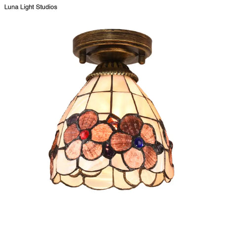 Tiffany Floral Bell Ceiling Light Fixture In Beige/Red - White/Pink For Living Room