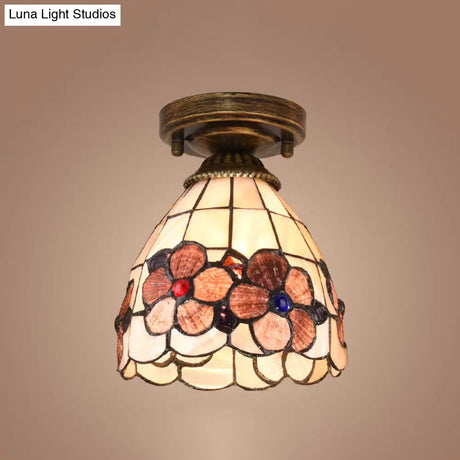Tiffany Floral Bell Ceiling Light Fixture In Beige/Red - White/Pink For Living Room