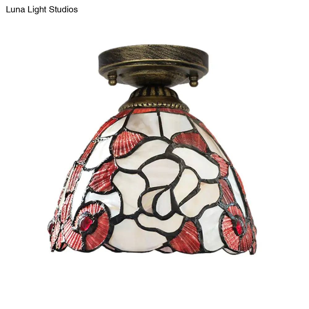 Tiffany Floral Bell Ceiling Light Fixture In Beige/Red - White/Pink For Living Room