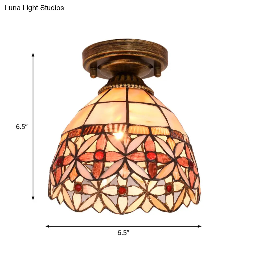 Tiffany Floral Bell Ceiling Light Fixture In Beige/Red - White/Pink For Living Room