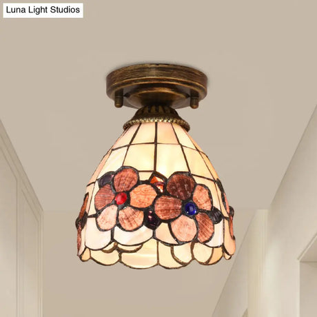 Tiffany Floral Bell Ceiling Light Fixture In Beige/Red - White/Pink For Living Room