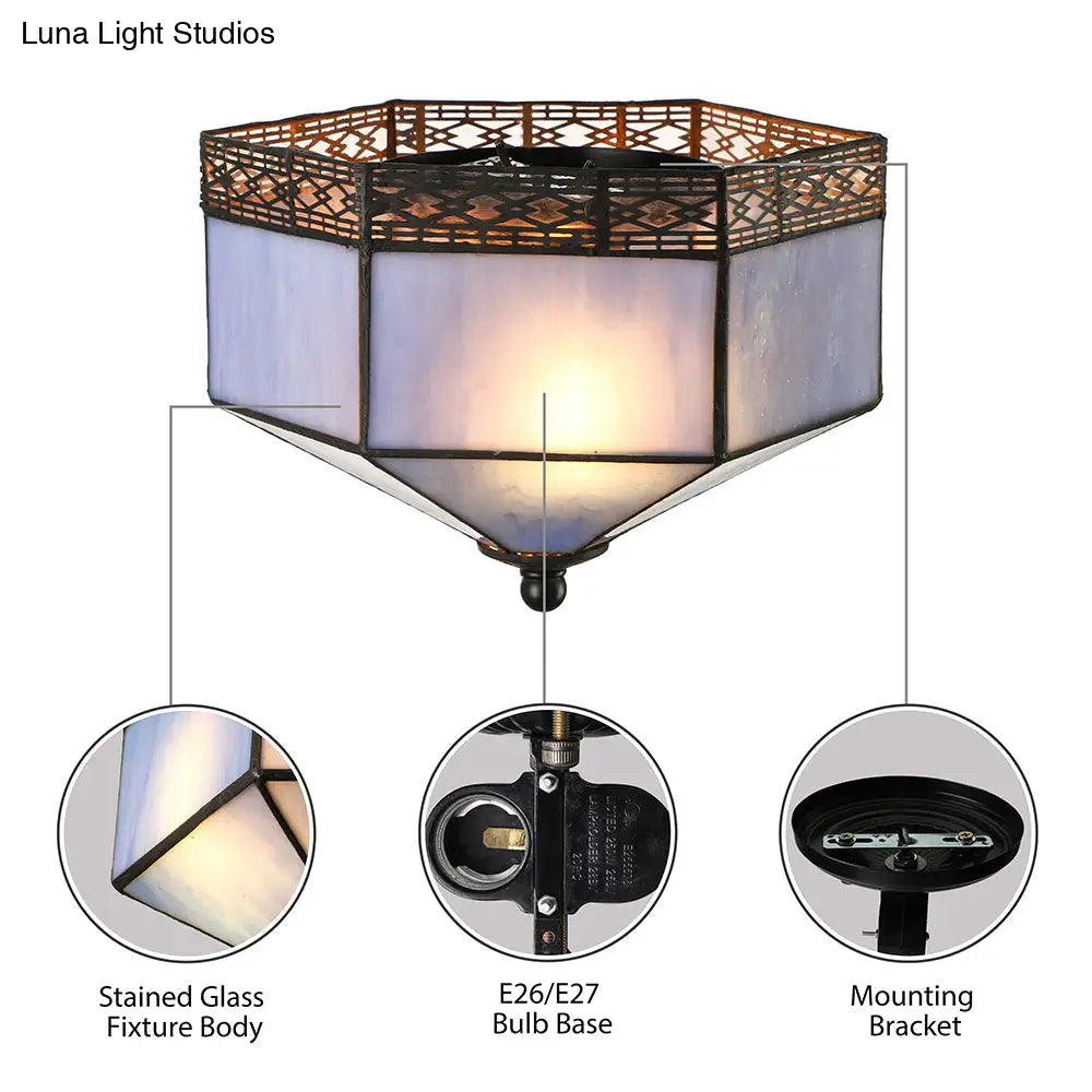 Tiffany Geometric Shade Flush Mount Ceiling Light With 2 Blue Lights For Bedroom