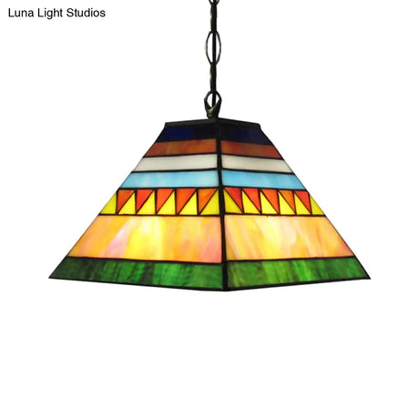 Tiffany Geometric Stained Glass Ceiling Lamp - Single Light Pendant For Bedroom (Pink/Green)