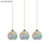 Tiffany Glass 3-Bulb Pendant Lamp With Light Blue Multi Leaf-Pattern Globe - Baroque Ceiling