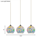 Tiffany Glass 3-Bulb Pendant Lamp With Light Blue Multi Leaf-Pattern Globe - Baroque Ceiling