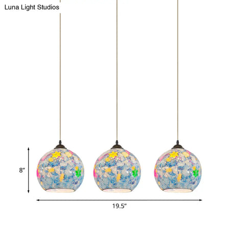 Tiffany Glass 3-Bulb Pendant Lamp With Light Blue Multi Leaf-Pattern Globe - Baroque Ceiling