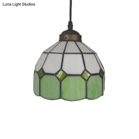 Tiffany Glass Ceiling Pendant Light - Green/Blue Hand Cut 1-Head Suspension Lamp For Restaurants