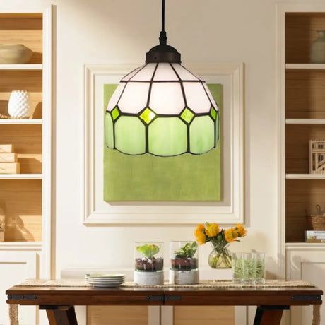 Tiffany Glass Ceiling Pendant Light - Green/Blue Hand Cut 1-Head Suspension Lamp For Restaurants