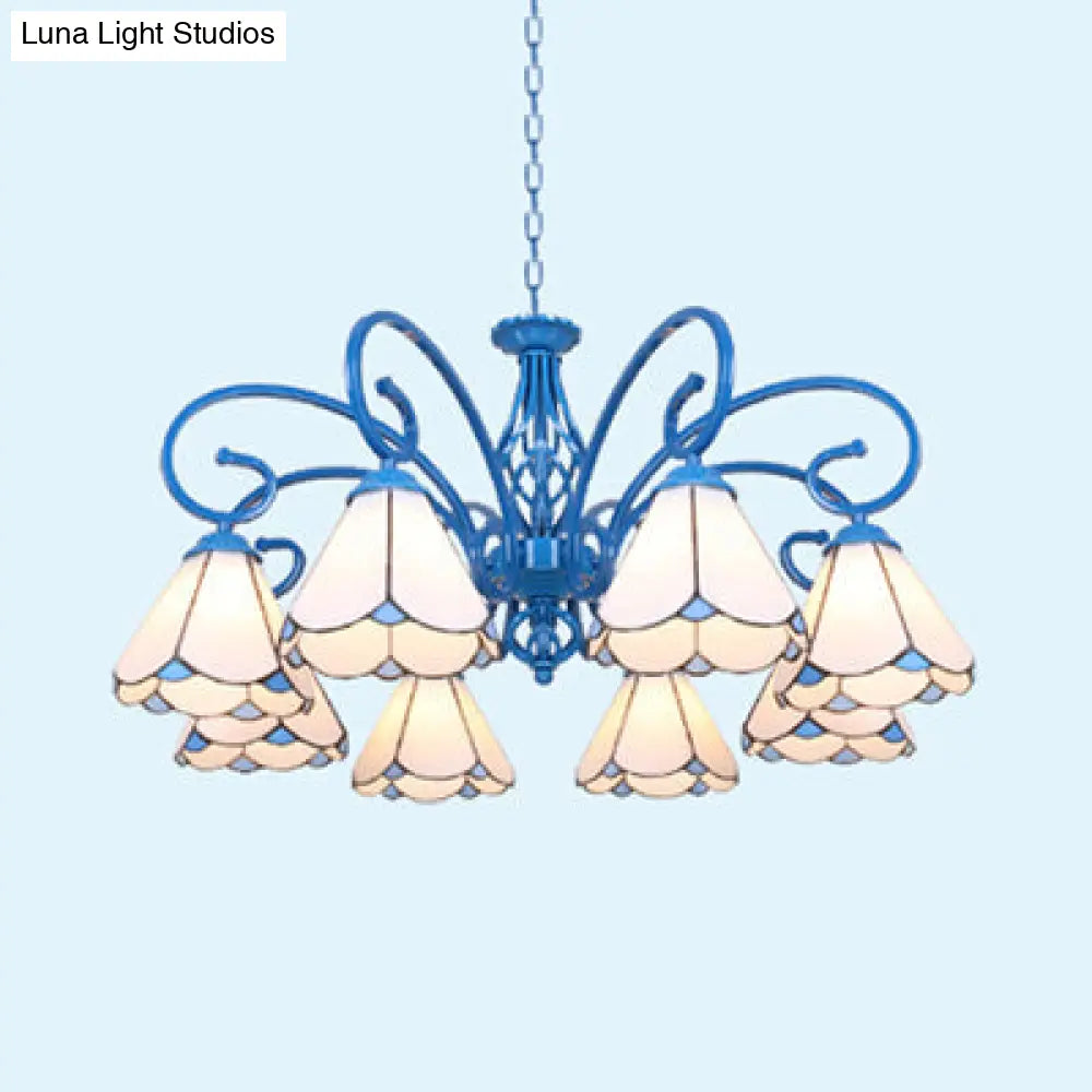 Tiffany Glass Petal Chandelier With Adjustable Chain And Curved Arm In Blue/White