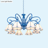 Tiffany Glass Petal Chandelier With Adjustable Chain And Curved Arm In Blue/White
