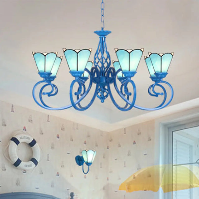 Tiffany Glass Petal Chandelier With Adjustable Chain And Curved Arm In Blue/White Blue