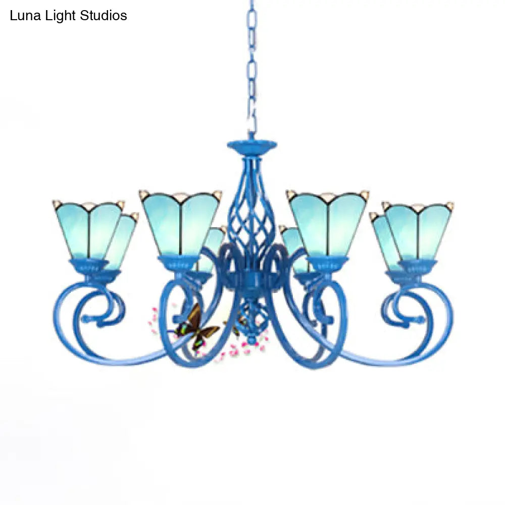 Tiffany Glass Petal Chandelier With Adjustable Chain And Curved Arm In Blue/White
