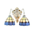 Tiffany Glass Wall Mount Sconce Light White-Blue Grid Pattern Dual Head White