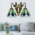 Tiffany Green Glass Cone Sconce Light Fixture With Mermaid Decoration - Yellow Wall Mount 2 Heads