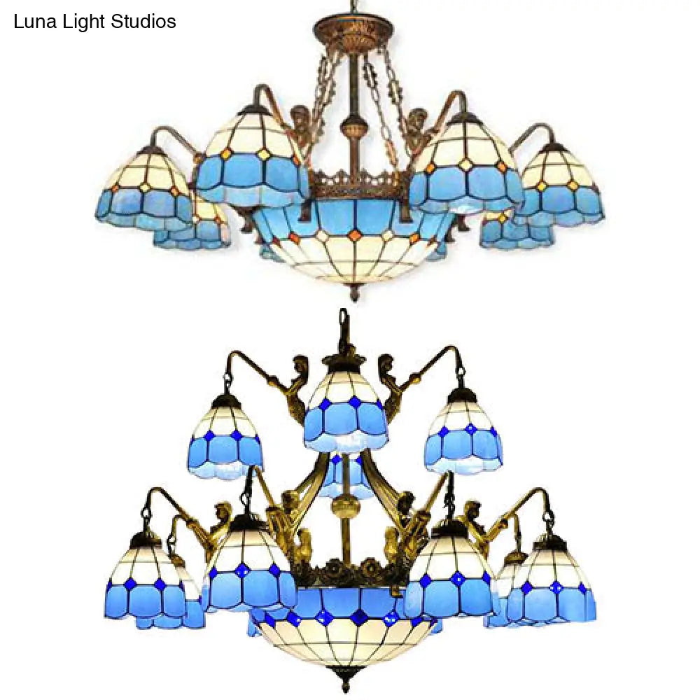 Tiffany Grid Patterned Cut Glass Chandelier In Blue With 9/13 Lights