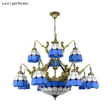 Tiffany Grid Patterned Cut Glass Chandelier In Blue With 9/13 Lights