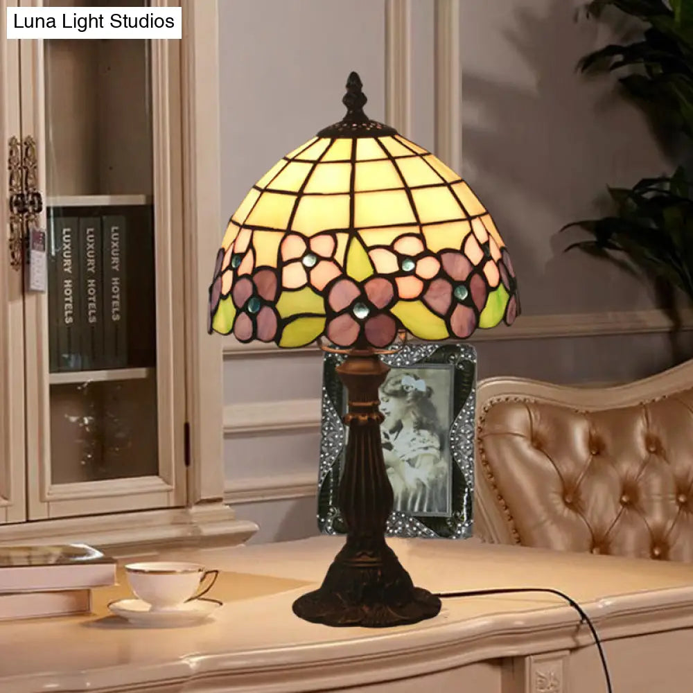 Tiffany Hand-Cut Glass Bowl Night Light - Flower Patterned Table Lamp In Red/Yellow/Purple For