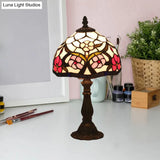 Tiffany Hand-Cut Glass Bowl Night Light - Flower Patterned Table Lamp In Red/Yellow/Purple For