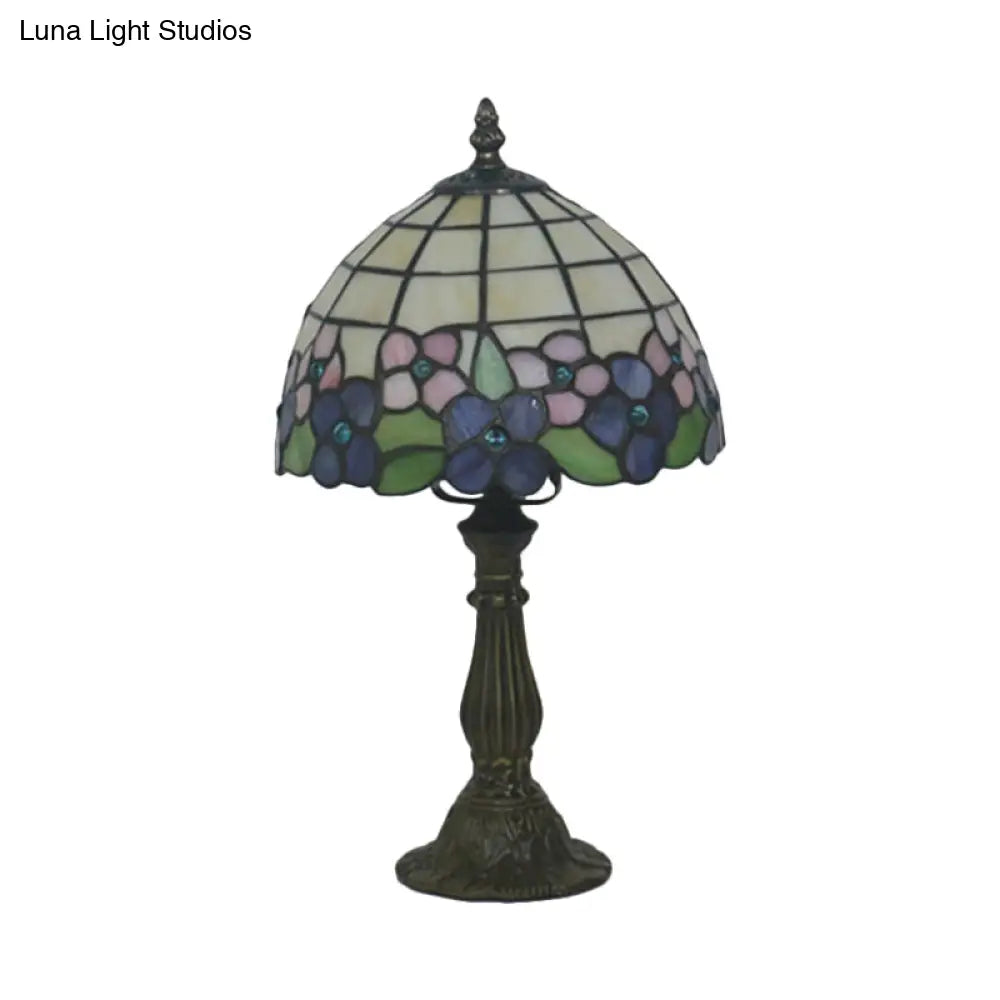 Tiffany Hand-Cut Glass Bowl Night Light - Flower Patterned Table Lamp In Red/Yellow/Purple For