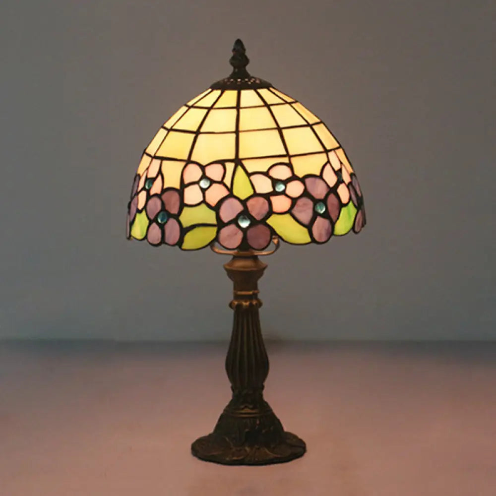 Tiffany Hand-Cut Glass Bowl Night Light - Flower Patterned Table Lamp In Red/Yellow/Purple For