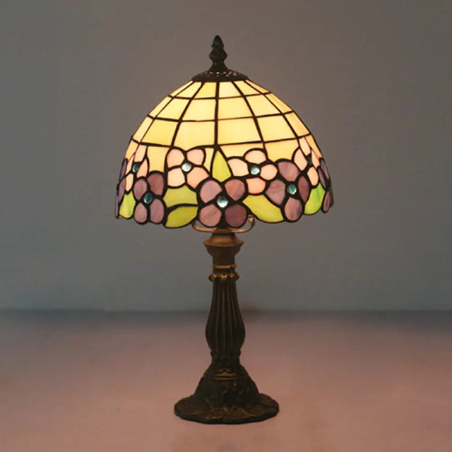 Tiffany Hand-Cut Glass Bowl Night Light - Flower Patterned Table Lamp In Red/Yellow/Purple For