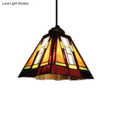 Tiffany Hand Rolled Art Glass Ceiling Light - Single Head Trapezoid Pendant In Black And Brown