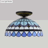 Tiffany Hand Rolled Art Glass Floral Flush Mount Light With Yellow/Blue Shade 12’/16’ W