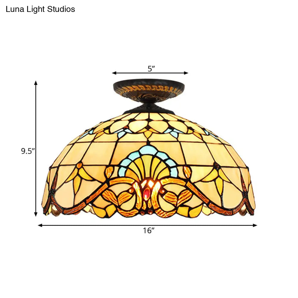 Tiffany Hand Rolled Art Glass Floral Flush Mount Light With Yellow/Blue Shade 12’/16’ W
