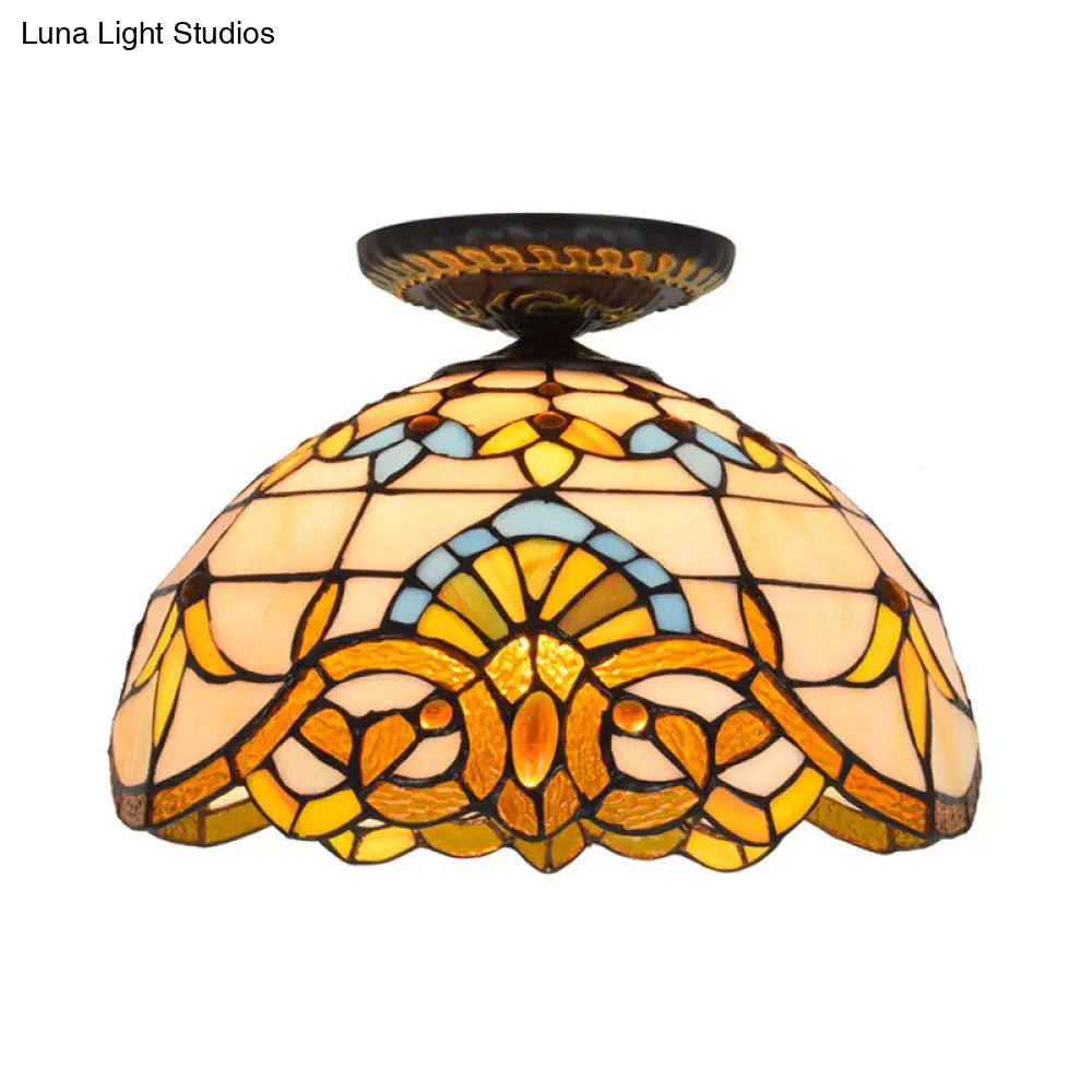 Tiffany Hand Rolled Art Glass Floral Flush Mount Light With Yellow/Blue Shade 12’/16’ W