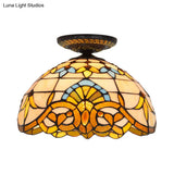 Tiffany Hand Rolled Art Glass Floral Flush Mount Light With Yellow/Blue Shade 12’/16’ W