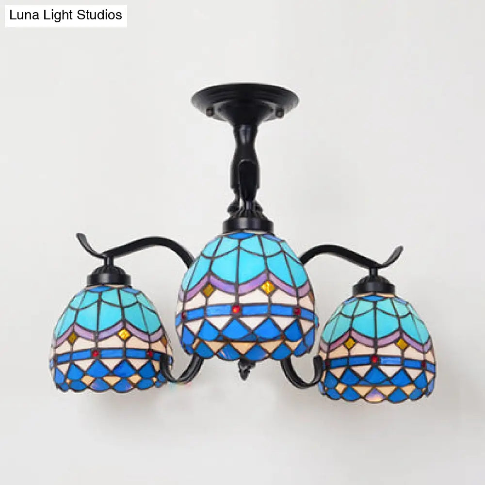 Tiffany Indoor Semi Flush Mount Ceiling Light With Stained Glass Design In Black - 3 Lights