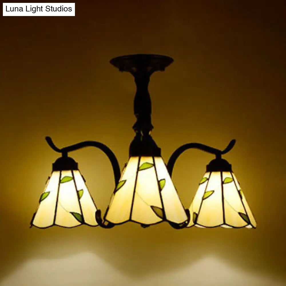 Tiffany Indoor Semi Flush Mount Ceiling Light With Stained Glass Design In Black - 3 Lights