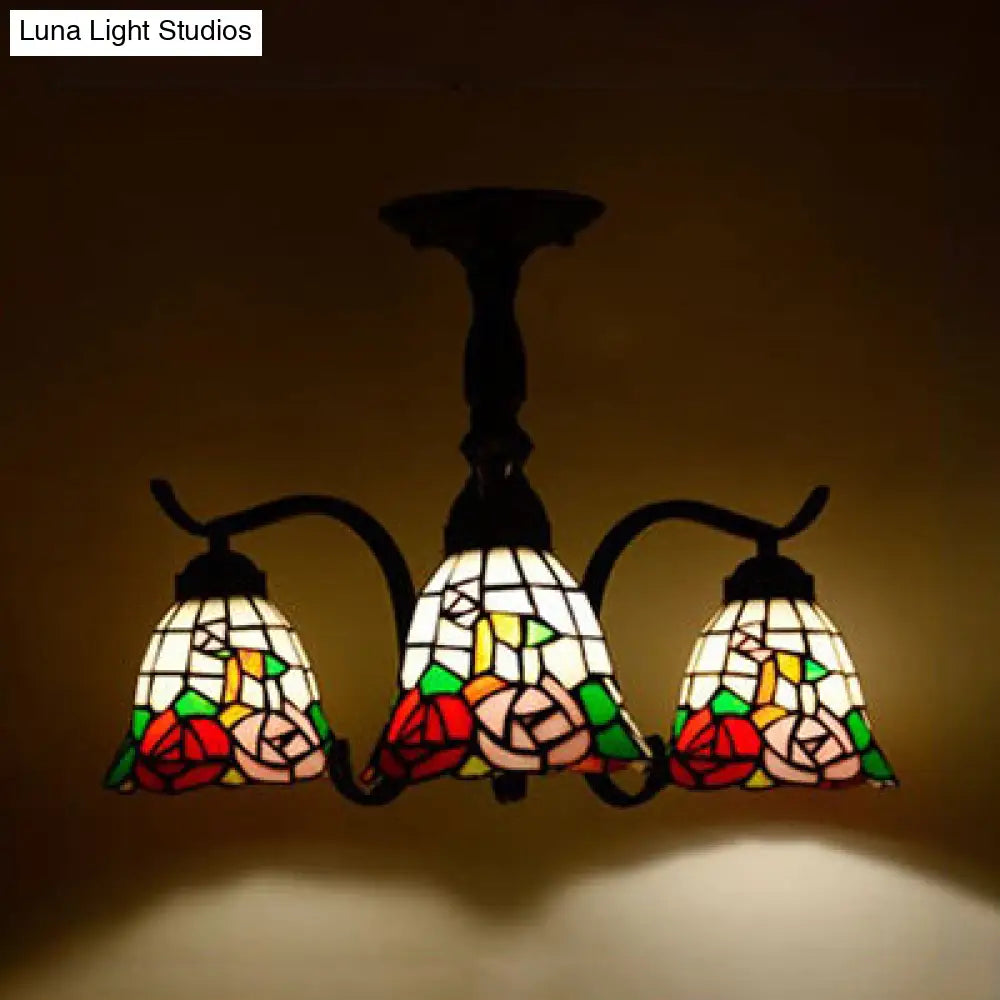 Tiffany Indoor Semi Flush Mount Ceiling Light With Stained Glass Design In Black - 3 Lights