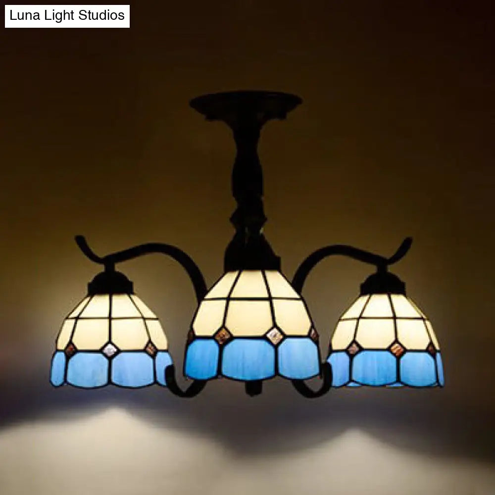 Tiffany Indoor Semi Flush Mount Ceiling Light With Stained Glass Design In Black - 3 Lights