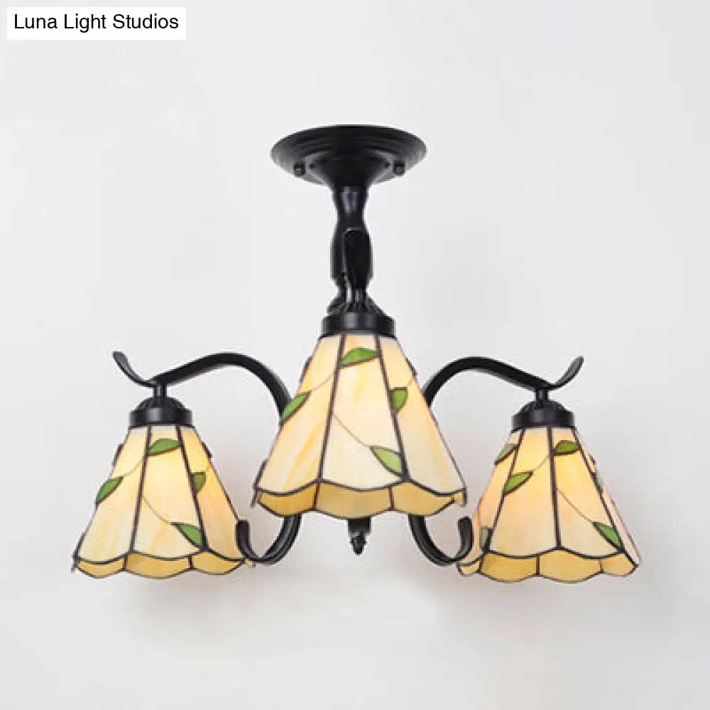 Tiffany Indoor Semi Flush Mount Ceiling Light With Stained Glass Design In Black - 3 Lights