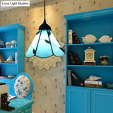 Tiffany Inspired Stained Glass Pendant Lamp Kit - Scalloped Design Blue/Beige 3 Bulbs Ideal For